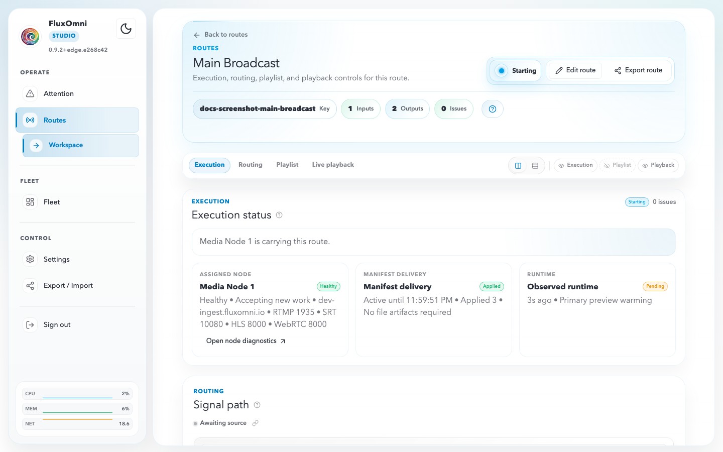 Route workspace with inputs, outputs, and live preview