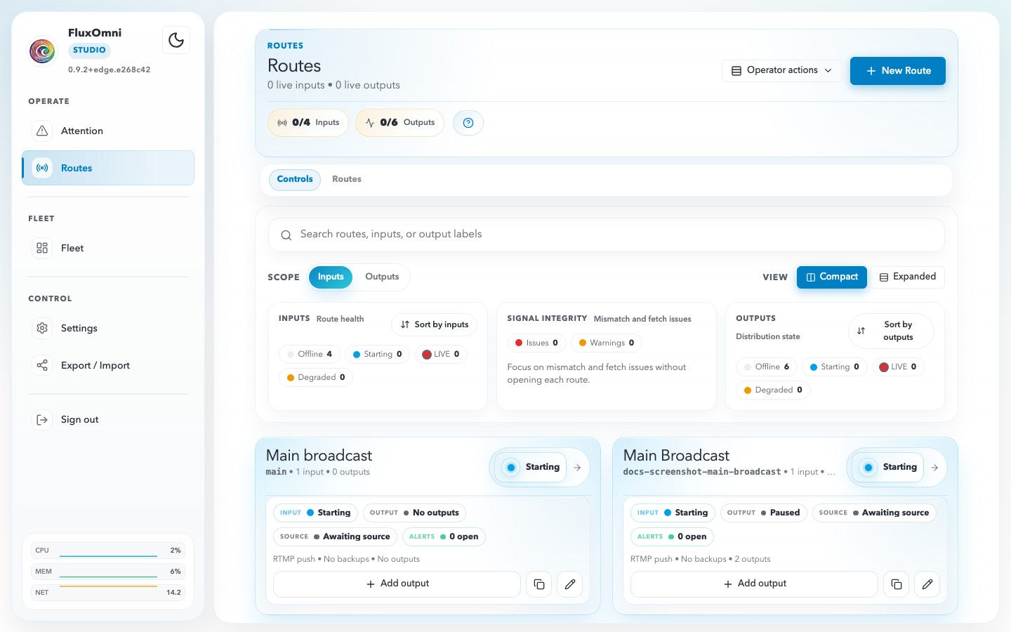 FluxOmni routes list — manage all your streaming routes from one screen